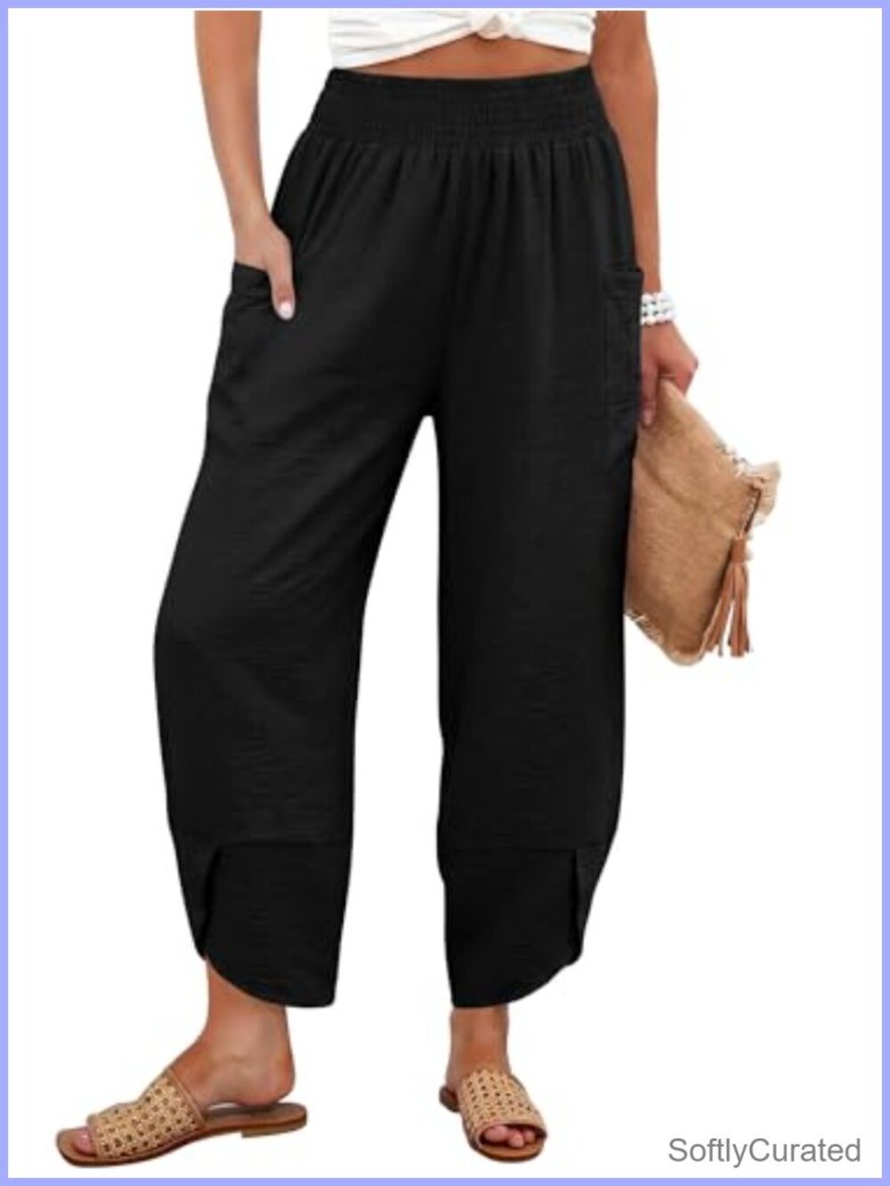 Wide Leg Palazzo Capri Pants High Waisted Smocked Elastic Flowy Cropped